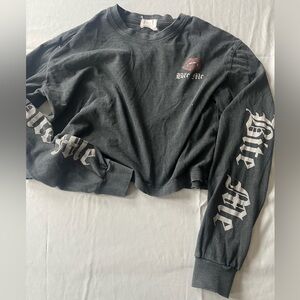 Urban Nation Crop Long Sleeve Gray Grey Small Bite Me Graphic Script Fangs